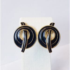 Vintage Trifari 80s Black Enamel & Gold Tone Clip On Earrings Circle
